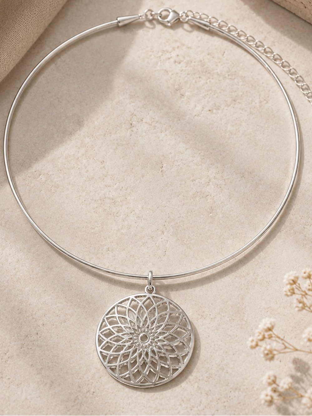 1946 Silver Tone Torque Collar Choker Necklace Openwork Flower Mandala Pendant